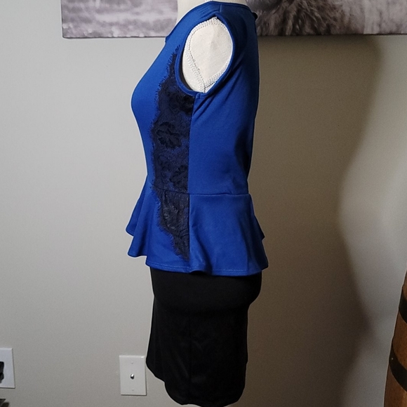 American City Wear Blue & Black Peplum Dress Small - Picture 2 of 7